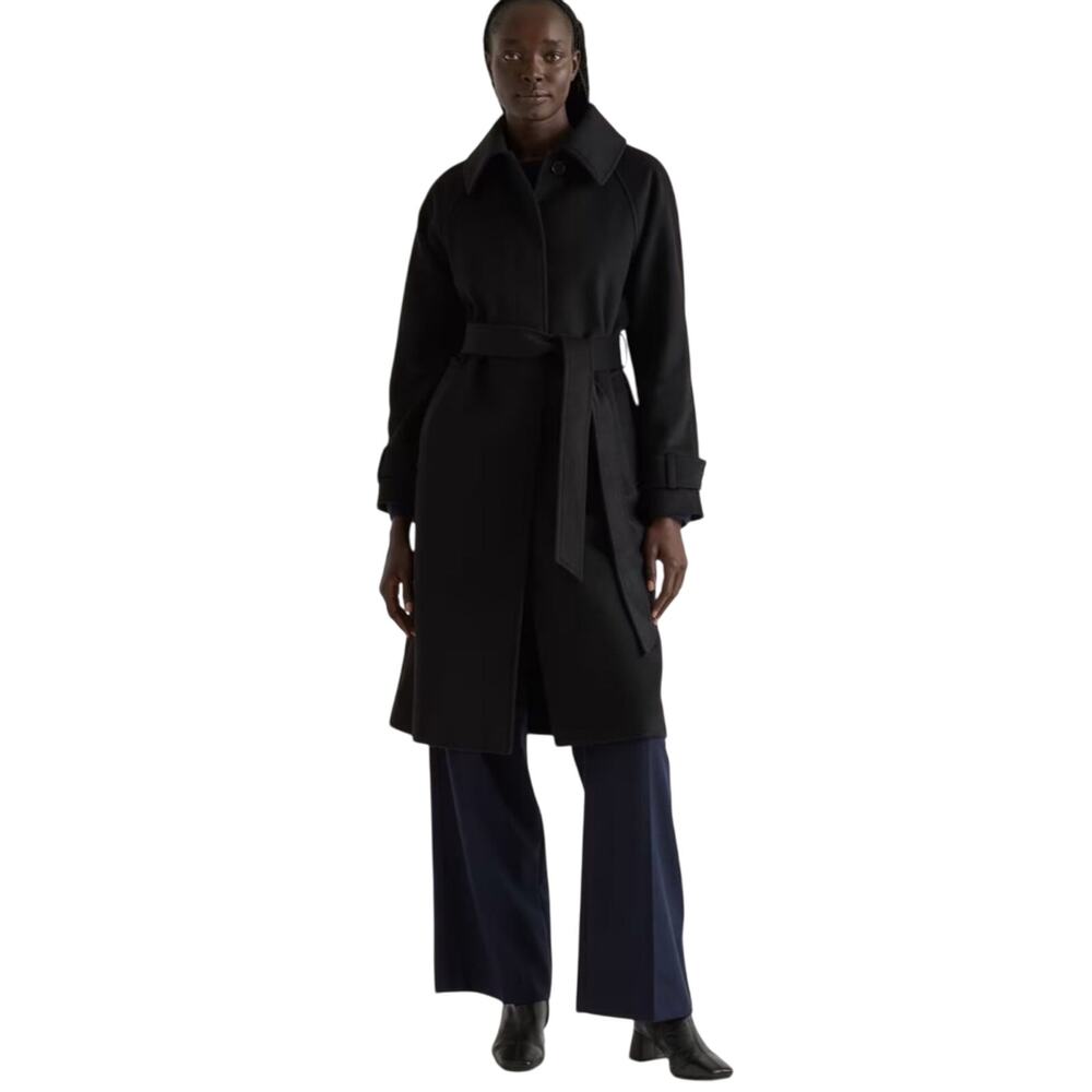 New Quince Women's XS Black Italian Wool Belted Funnel Neck Coat Preppy Retro